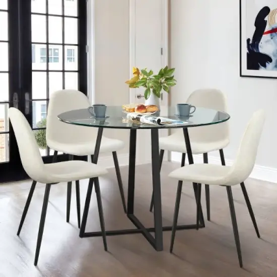 Hana + Spoon 5-Piece Round Clear Glass Dining Table Set with 4 Upholstered Chairs Black Legs for Home Kitchen Restaurant -The Pop Maison image {9}