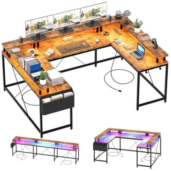 U Shaped Desk, 126 Inch Gaming Desk with Monitor Stand and LED Lights, Reversible Shaped Large Computer Desk with Power Outlets, Office Desk image {10}