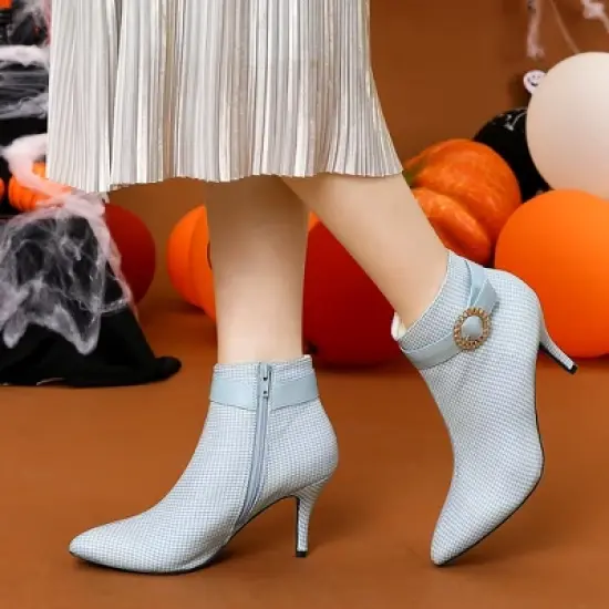 Allegra K Women's Buckle Stiletto High Heels Houndstooth Ankle Boots image {1}