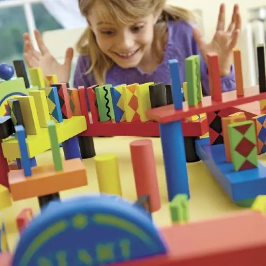 HearthSong Deluxe 279-Piece Wooden Domino Race Set with Obstacles, Starting Wand and Wooden Ball image {8}