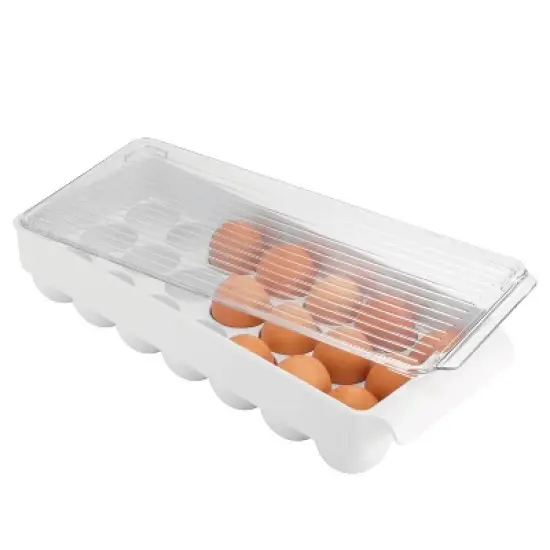 iDESIGN Fridge Binz Plastic Stackable Egg Holder Clear/White: Kitchen Cabinet Organizer, Spot Clean, 15" x 6" x 3" image {2}