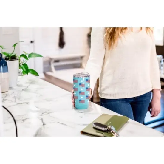 100 North 20 Ounce Stainless Steel On the Go Travel Tumbler With Push Top Lid, Stars and Stripes Teal image {3}