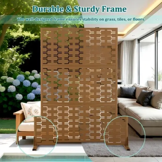 TOAOTBNBO Metal Privacy Screen with Stand, Decorative Privacy Fence Panels with Brick Pattern, Outdoor Privacy Screen for Garden, Brown image {3}