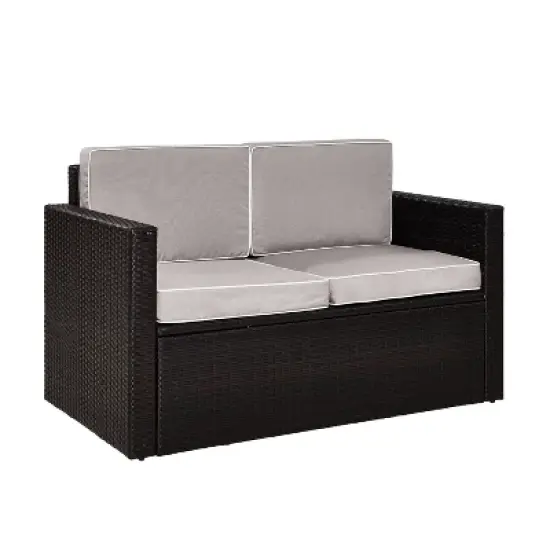 Palm Harbor Outdoor Wicker Loveseat In Brown with Gray Cushions - Crosley image {1}