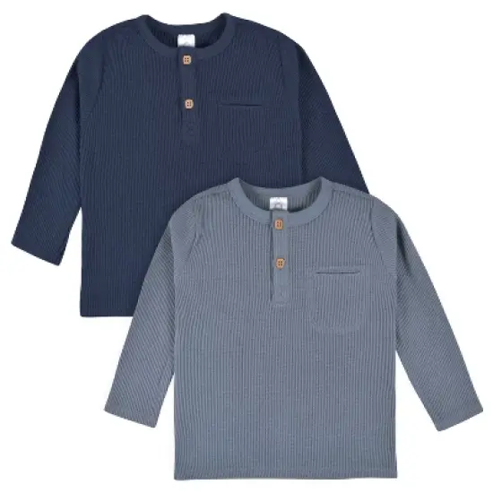 Gerber Toddler Boys' Waffle Knit Henleys - Dusty Blue & Navy - 2-Pack image {9}