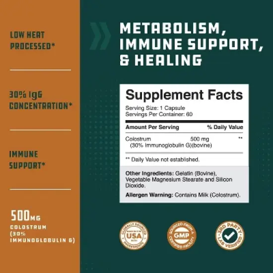 Bovine Colostrum with Immunoglobulin G Capsules, Colostrum Supplement for Muscle, Gut, Joint, Immunity, Bone & Brain Health, Nature's Craft, 60ct image {2}
