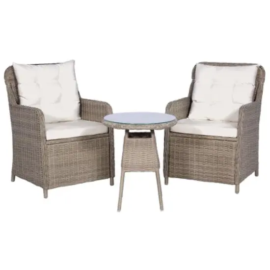 vidaXL Brown Poly Rattan Bistro Set with Cushions and Pillows, 3 Piece Stylish and Durable Outdoor Dining Set with Powder-Coated Steel Frame image {1}