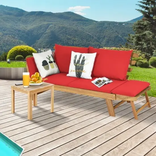 Tangkula Adjustable Patio Sofa Daybed Acacia Wood Furniture w/ Red Cushions image {2}
