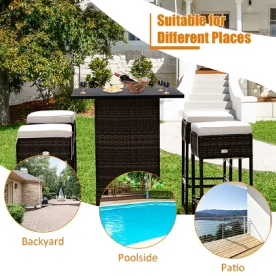 Costway Patio 5PCS Rattan Bar Table Stool Set Hidden Storage Shelf Cushioned image {3}