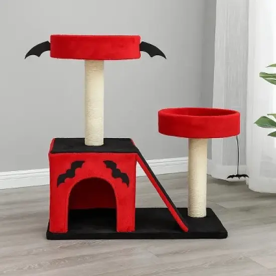 Halloween Gothic Cat Tree with Bat Wings, Spider Toy, Sisal Scratching Posts, Dual Perches & Condo &uml;C Dark Red and Black Cat Tower image {8}