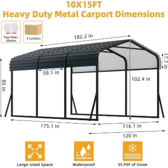 Acekool 10 x 15 FT Metal Carport, Heavy Duty Galvanized Steel Roof Shelter, Tall Garage Canopy with Enhanced Base for Cars, Trucks, Boats, Gray image {1}