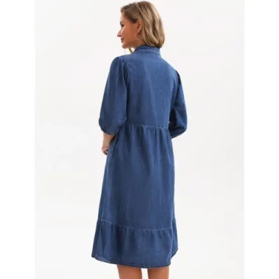 INSPIRE CHIC Women's Puff 3/4 Sleeve Button Up Collar A-Line Swing Ruffle Tiered Midi Denim Dress image {3}