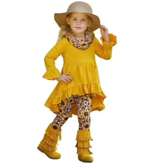 Girls Sunflower Leopard Print Tunic, Legging & Scarf Set - Mia Belle Girls image {6}