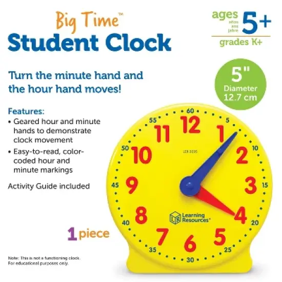 Learning Resources Big Time Student Clock Teaching and Demonstration Clock 12 Hour Ages 5plus: Plastic, Kindergarten Teaching Aid image {5}