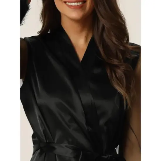 cheibear Women's Satin Robe Feather Trim Bridesmaid Bathrobe Mesh Long Sleeve Bridal Party Sleepwear image {3}