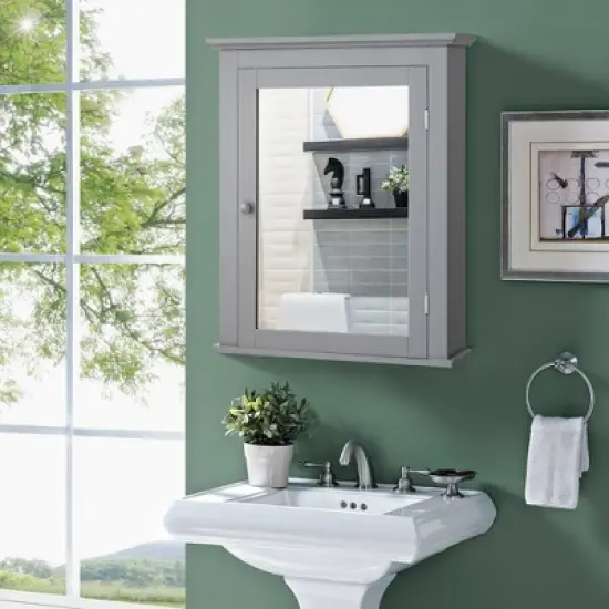 Costway Bathroom Mirror Cabinet Wall Mounted Adjustable Shelf Medicine Grey/Black image {2}