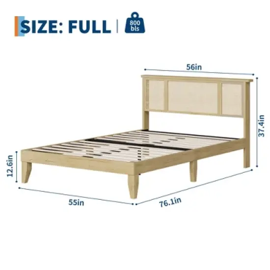 Garvee Bed Frame with Natural Rattan Headboard, Wood Slat Support, Metal Base image {1}