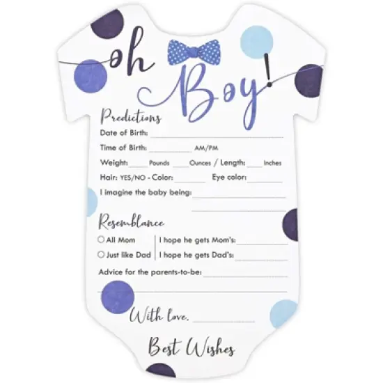 Sparkle and Bash Set of 50 Baby Boy Predictions and Advice Cards for Shower Game Activity & Gender Reveal Party, Oh Boy Polka Dot Design, Blue image {2}
