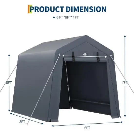 Acekool 6x8 FT Portable Outdoor Storage Shed, Dual Roll-Up Zipper Doors, Heavy-Duty Waterproof PE Tarp, UV-Resistant Shelter for Tools, Gray image {5}