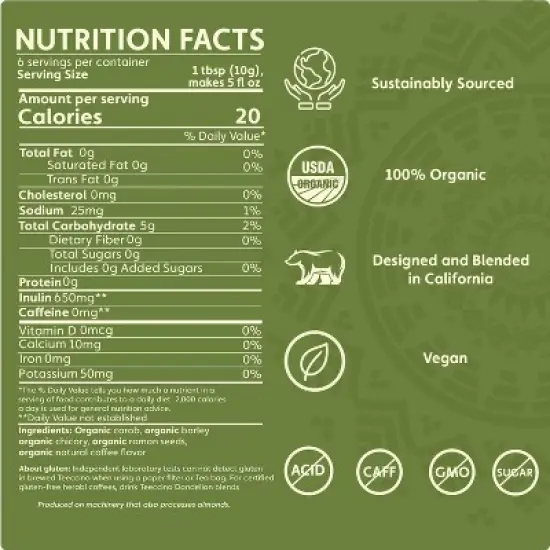 Teeccino French Roast Chicory Herbal Coffee, 11 Oz, That&rsquo;s Prebiotic, Caffeine-Free & Acid Free, Dark Roast image {6}