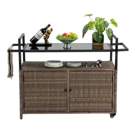 MOEPISY Outdoor Wicker Serving Carts, Patio Serving Cart with Wheels, Rolling Rattan Beverage Bar Counter Table image {15}