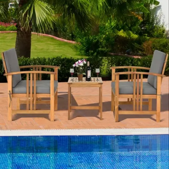 Costway 3PCS  Solid Wood  Patio  Furniture Set Table&Chairs Grey Cushion image {1}