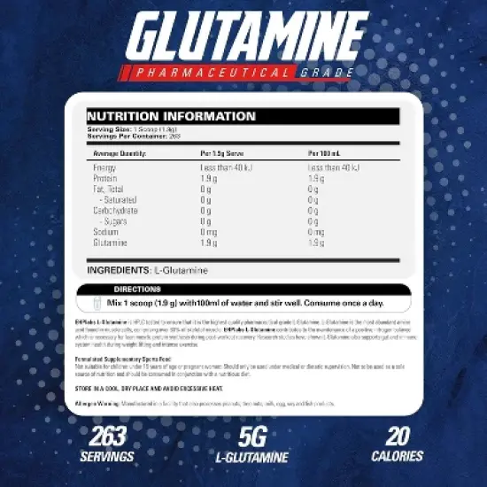 EHPlabs L-Glutamine Powder &ndash; 500g, 100 Servings &ndash; Muscle Recovery, Gut & Immune Health Support image {1}