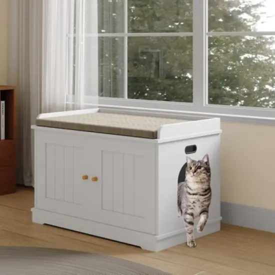Cat Litter Box Enclosure, Wooden Cat Washroom Furniture with Barn Door, Hidden Litter Box Cover image {8}