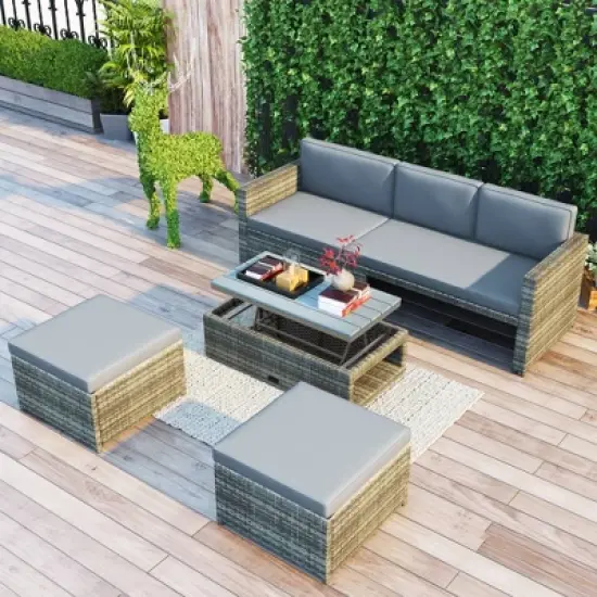 4pc Outdoor Wicker Conversation Sectional Set with Cushions - Gray - GODEER image {3}