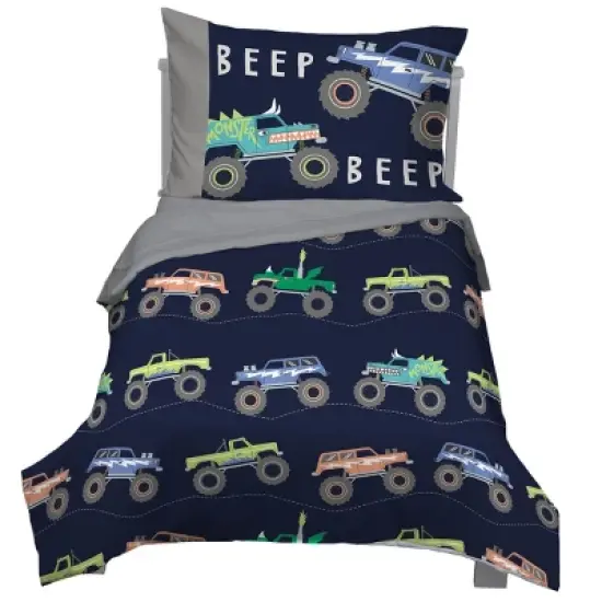 Carter's Monster Truck 4 Piece Toddler Bed Set - Comforter, Fitted Bottom Sheet, Flat Top Sheet, Standard Pillowcase, Navy and Grey image {7}