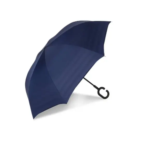 ShedRain UnbelievaBrella Reverse Opening Stick Umbrella - Navy Blue Striped image {2}