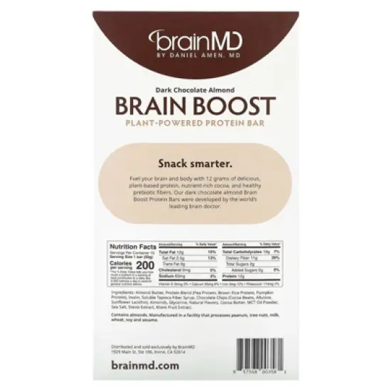 BrainMD Brain Boost, Plant-Powered Protein Bar, Dark Chocolate Almond, 10 Bars, 1.5 oz (50 g) Each image {1}