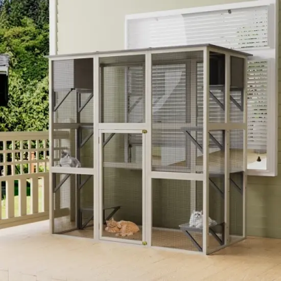 APRILSOUL70.90"Wooden Outdoor Catio Cat Enclosure with Weatherproof Asphalt Roof, Large Walk-in Cat House,Gray image {10}