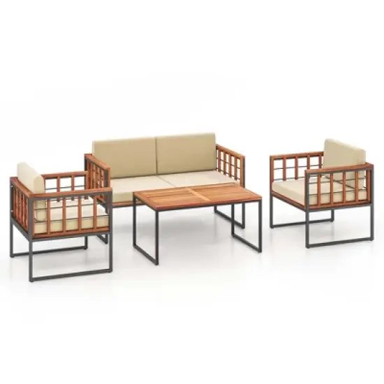 Costway 4 PCS Acacia Wood Outdoor Sofa Set with Heavy Duty Metal Frame Soft Seat image {9}