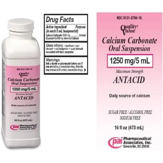 Calcium Carbonate Oral Suspension 1250mg/5 ml Antacid, 16 Oz image {2}