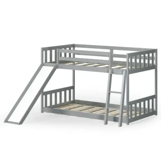 Costway Twin over Twin Bunk Wooden Low Bed with Slide Ladder for Kids image {11}