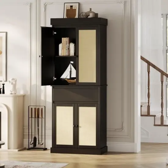 Tall Pantry Cabinet, Rattan Storage Cabinet with Doors & Drawers, Adjustable Shelves, 69 Inch Freestanding Cupboard for Bathroom Dining Room Living image {6}