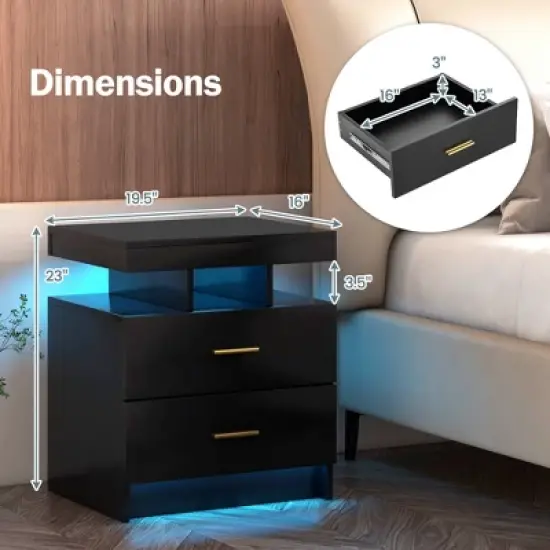 Costway LED Nightstand Set of 1/2 with 2 Storage Drawers Adjustable Light Mode Remote Control image {2}