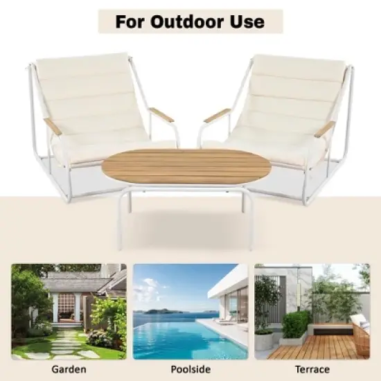 3 PCS Outdoor Patio Chaise Lounge Chair Set with Acacia Side Table, Cushioned Chair Pool Lounge Chair for Lawn Deck Beach,Beige+Black/White-ModernLuxe image {6}