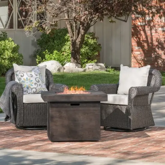GDFStudio Caldwell Outdoor 3 Piece Wicker Swivel Club Chair and Fire Pit Set with Cushions image {1}