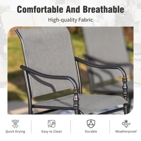 Captiva Designs 9pc Spacious Slat-top Rectangle Metal Table with Umbrella Hole & Fixed Steel Chairs with Gourd Head Armrests image {6}