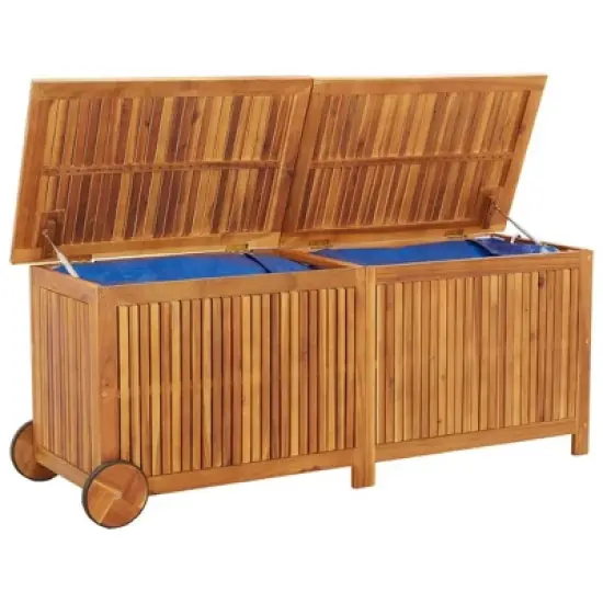 vidaXL Patio Storage Box with Wheels 59.1"x19.7"x22.8" Solid Wood Acacia image {2}
