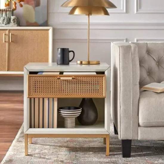 Lati Rattan Drawer End Table White/Natural - Buylateral image {2}