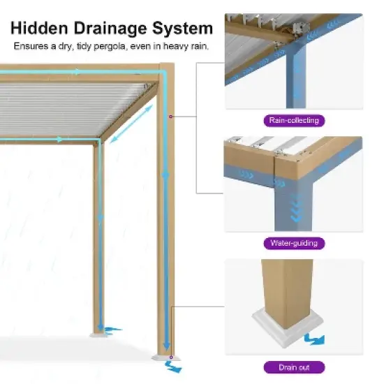 PURPLE LEAF Louvered Pergola Outdoor Aluminum Pergola with White Adjustable Rainproof Roof Wood Grain Frame Hardtop Gazebo for Patio Deck Garden image {7}