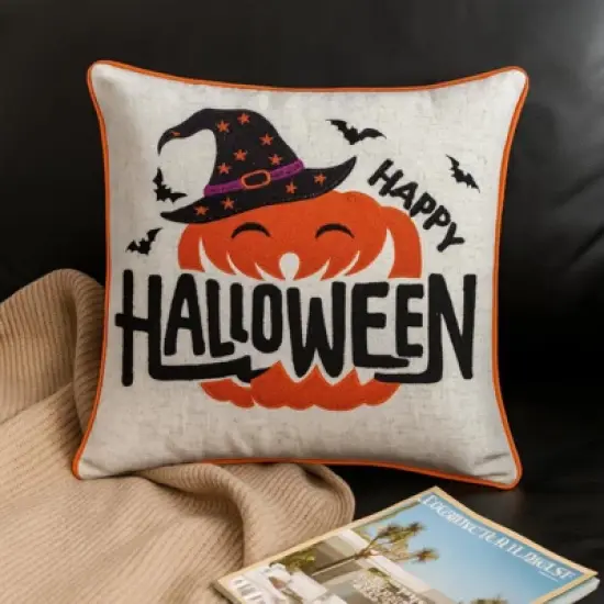 Yukimo 20x20 Happy Halloween Pumpkin Witch Throw Pillow with Embroidered Design, Seasonal Decor with Polyester Insert image {3}