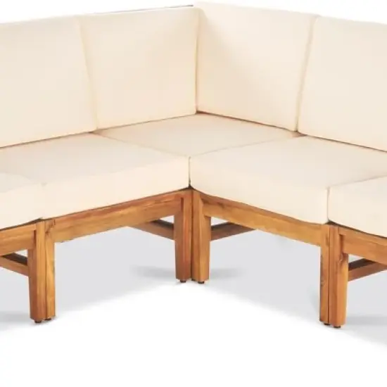 Outdoor Sectional Sofa Set, 5 Seater Sofa Set with Side Armrest Sofa, 5 Pcs Sofa with Wood Frame and PE Cushions and PE Pillows-Coolbibila image {1}