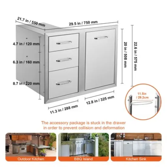 VEVOR Outdoor Kitchen Door Drawer Combo 29.5\" W x 22.6\" H x 21.7\'\'D, Access Door/Triple Drawers with Propane Drawer, Silver image {7}
