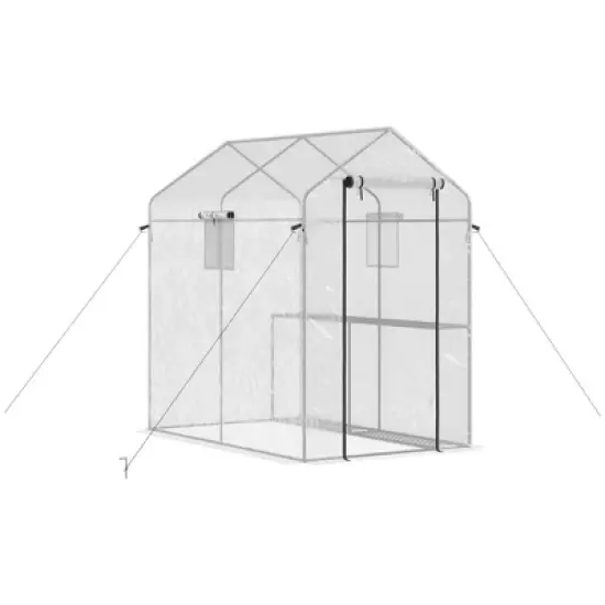 Outsunny 47.25" x 73.25" x 74.25" Walk-in Greenhouse, Outdoor Portable Plant Growing Area with Mesh Protected Roll-up Door & Window, 4 Shelves, White image {3}