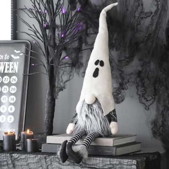 Whisen Fabric Sitting Gnome w/ White Ghost Hat, Halloween Decoration - Black & White image {3}