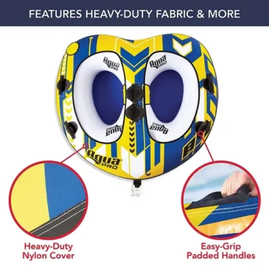 AquaPro 65 Inch Heavy Duty Double Stitched Nylon Deck Style Water Towable 2 Person Rider Tube with Quick Rope Connection, Yellow and Blue image {2}